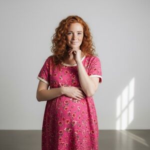 A Pea In The Pod Vintage Maternity Dress Sz L Pink Floral Cream Accents USA